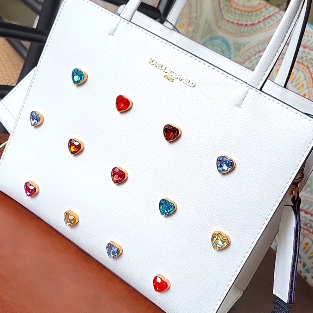 NWT Karl Lagerfeld LH2DU8BJ wvt wht/rainbow gemstone hearts detail satchell. HTF